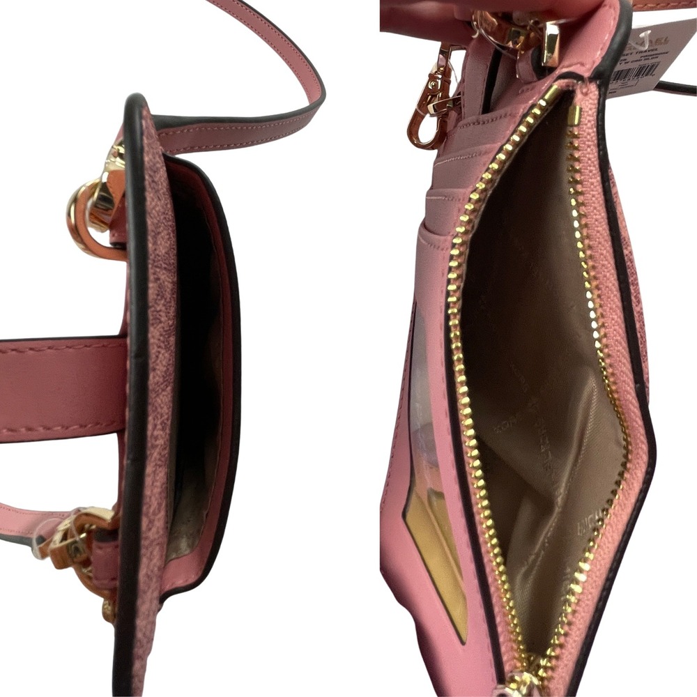 NWT Michael Kors Women Jet Set Travel Phone Crossbody Pink MK Logo Canvas Travel - Picture 5 of 8
